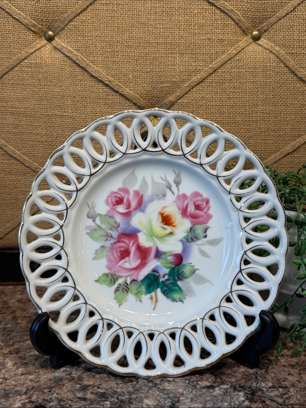 White Porcelain Floral Accent Plate with Pink Rose Bouquet